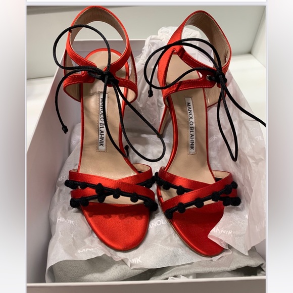 Manolo Blahnik Red Esparra Satin Sandal - Picture 2 of 5
